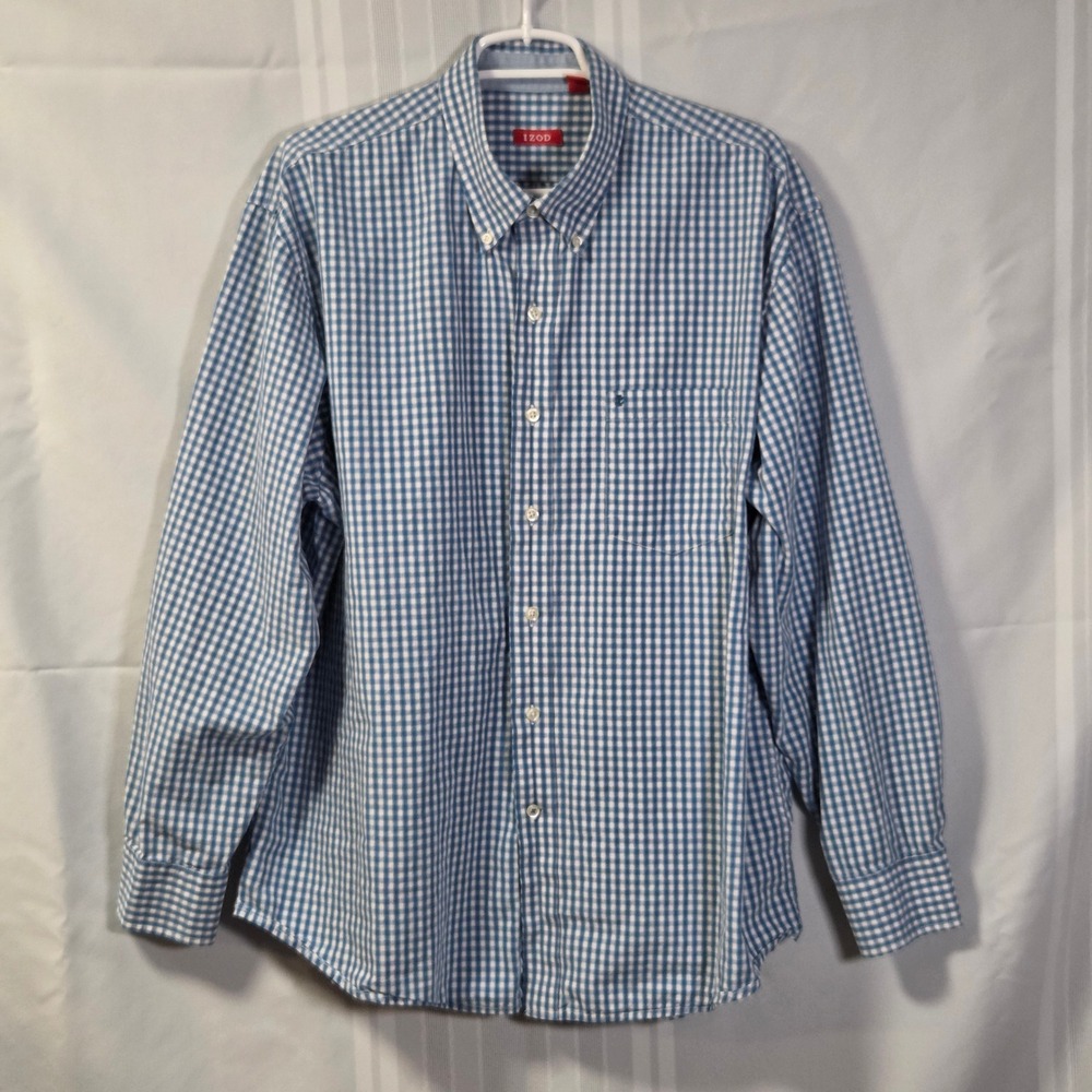 IZOD Button Down Shirt Mens XL Blue Gingham Check Long Sleeve Pocket Casual